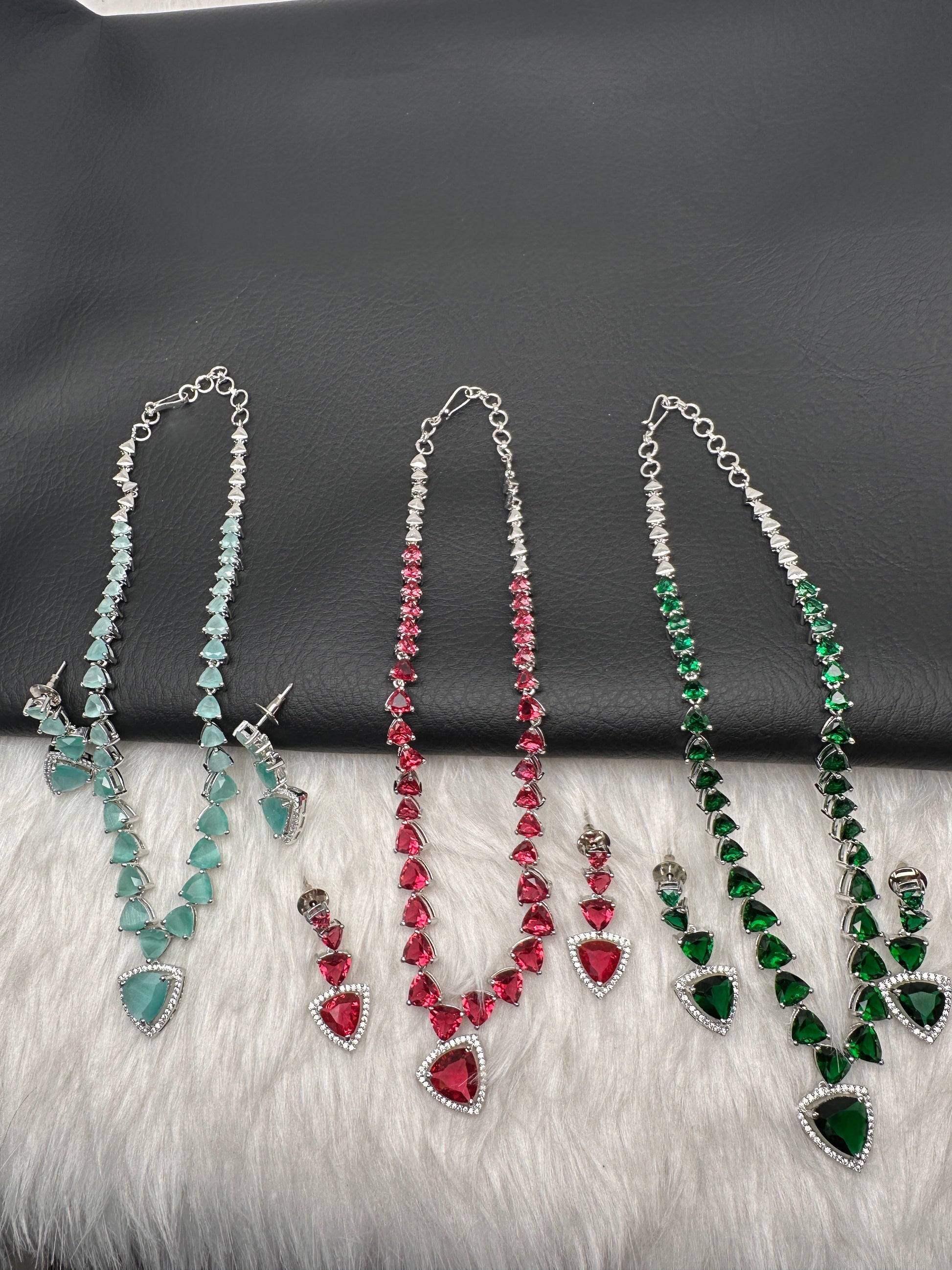 CZ AD Color Stone Dainty Short Necklace - Red