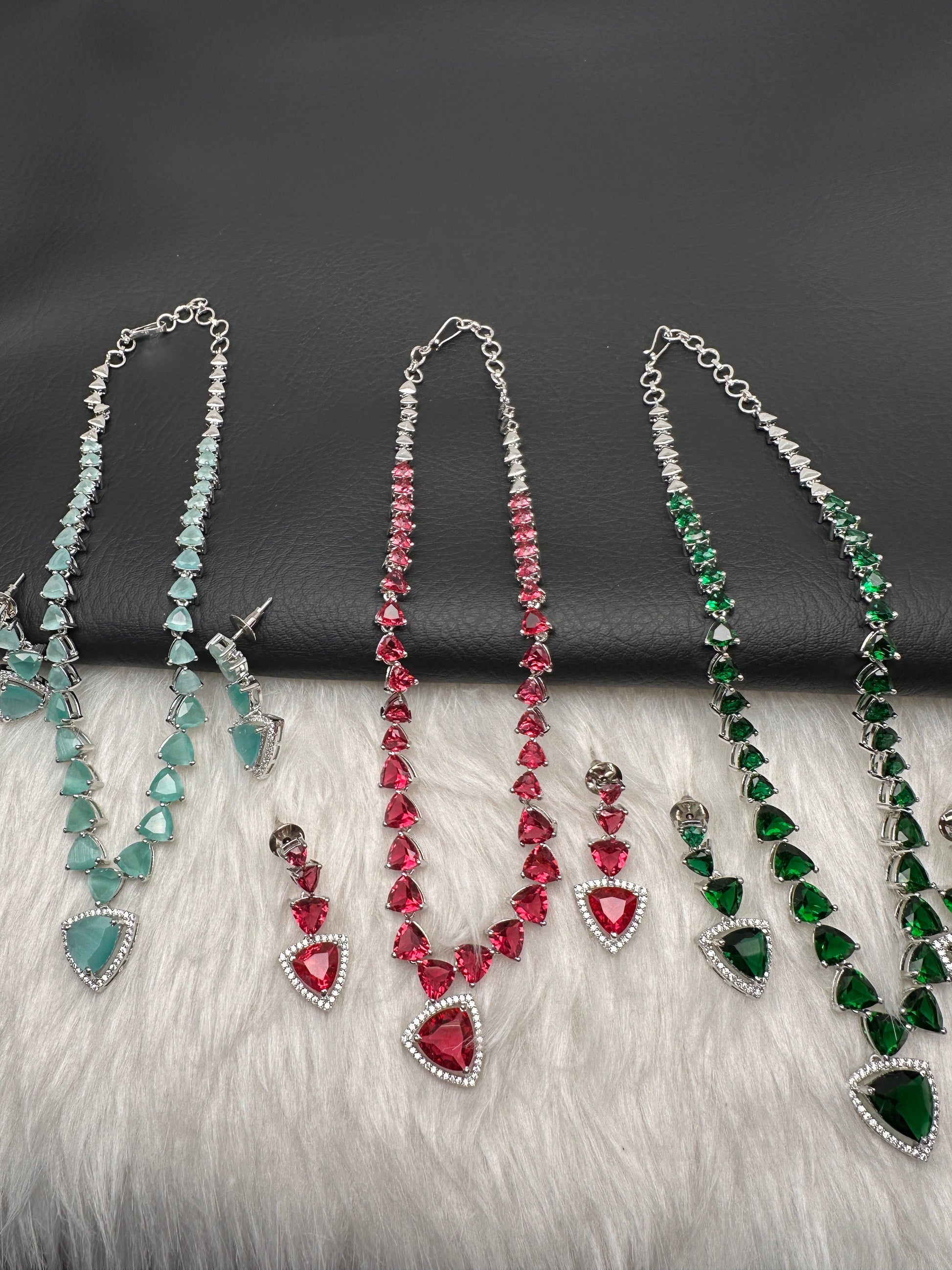 CZ AD Color Stone Dainty Short Necklace - Red