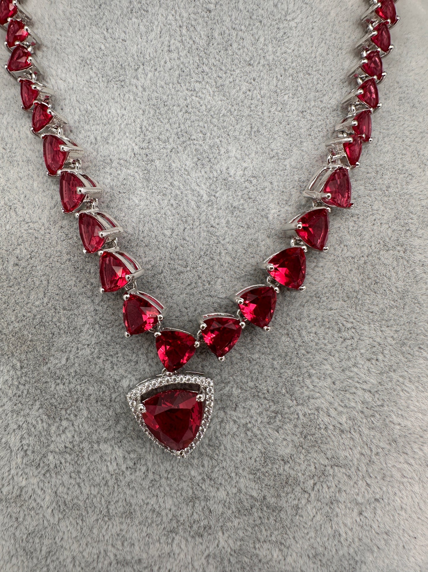CZ AD Color Stone Dainty Short Necklace - Red