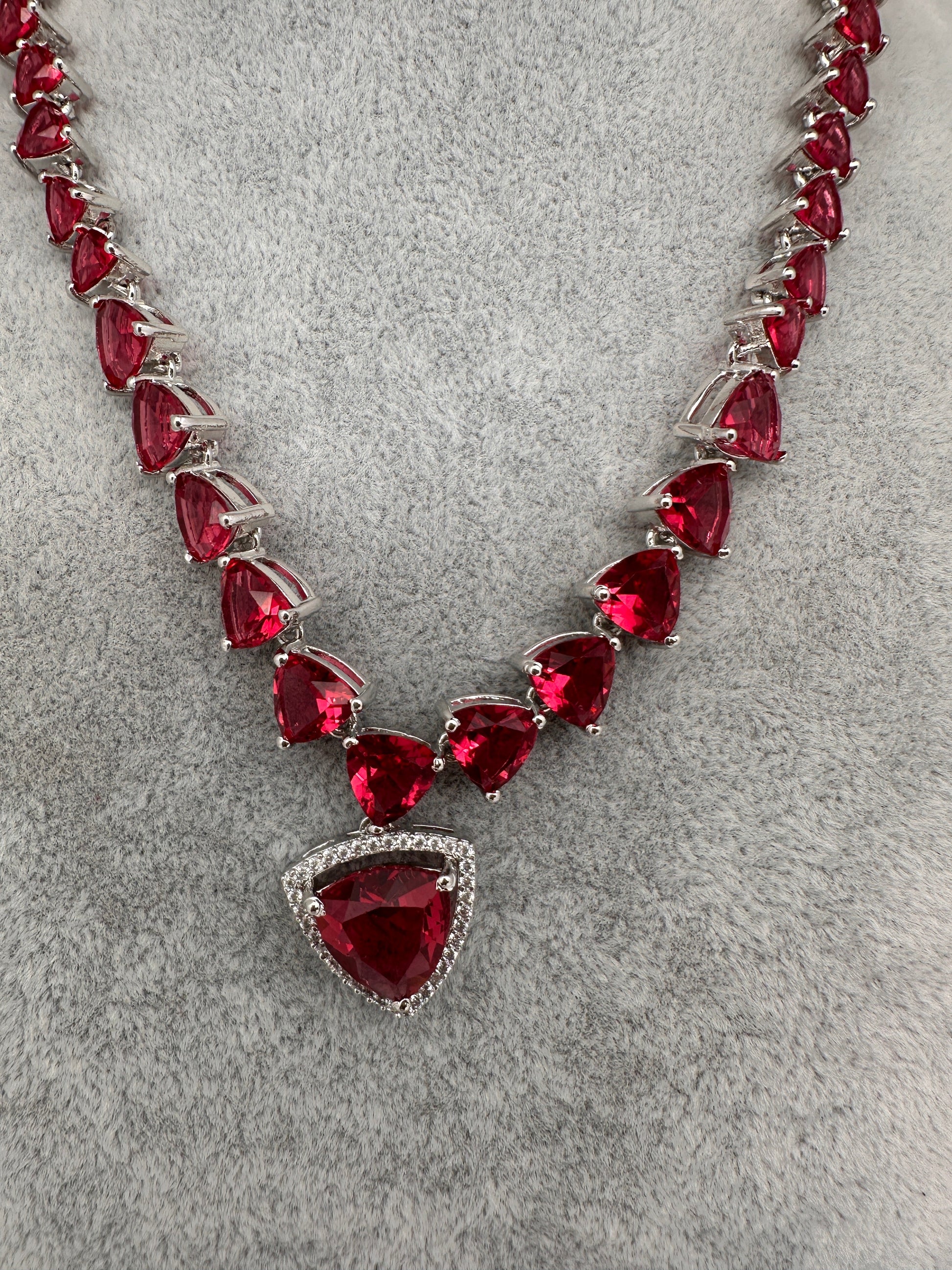 CZ AD Color Stone Dainty Short Necklace - Red