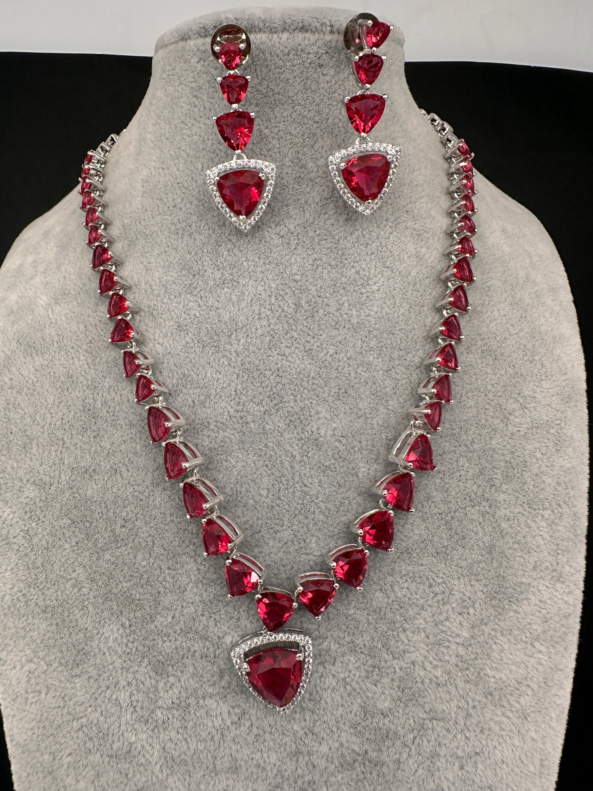 CZ AD Color Stone Dainty Short Necklace - Red