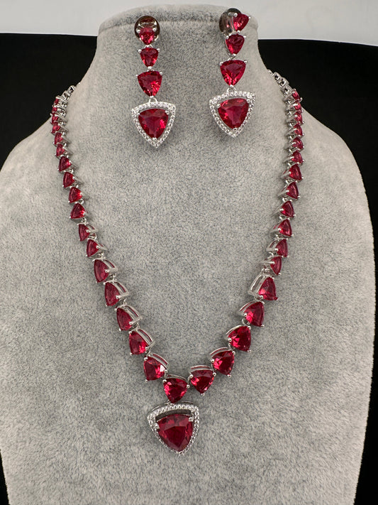 CZ AD Color Stone Dainty Short Necklace - Red