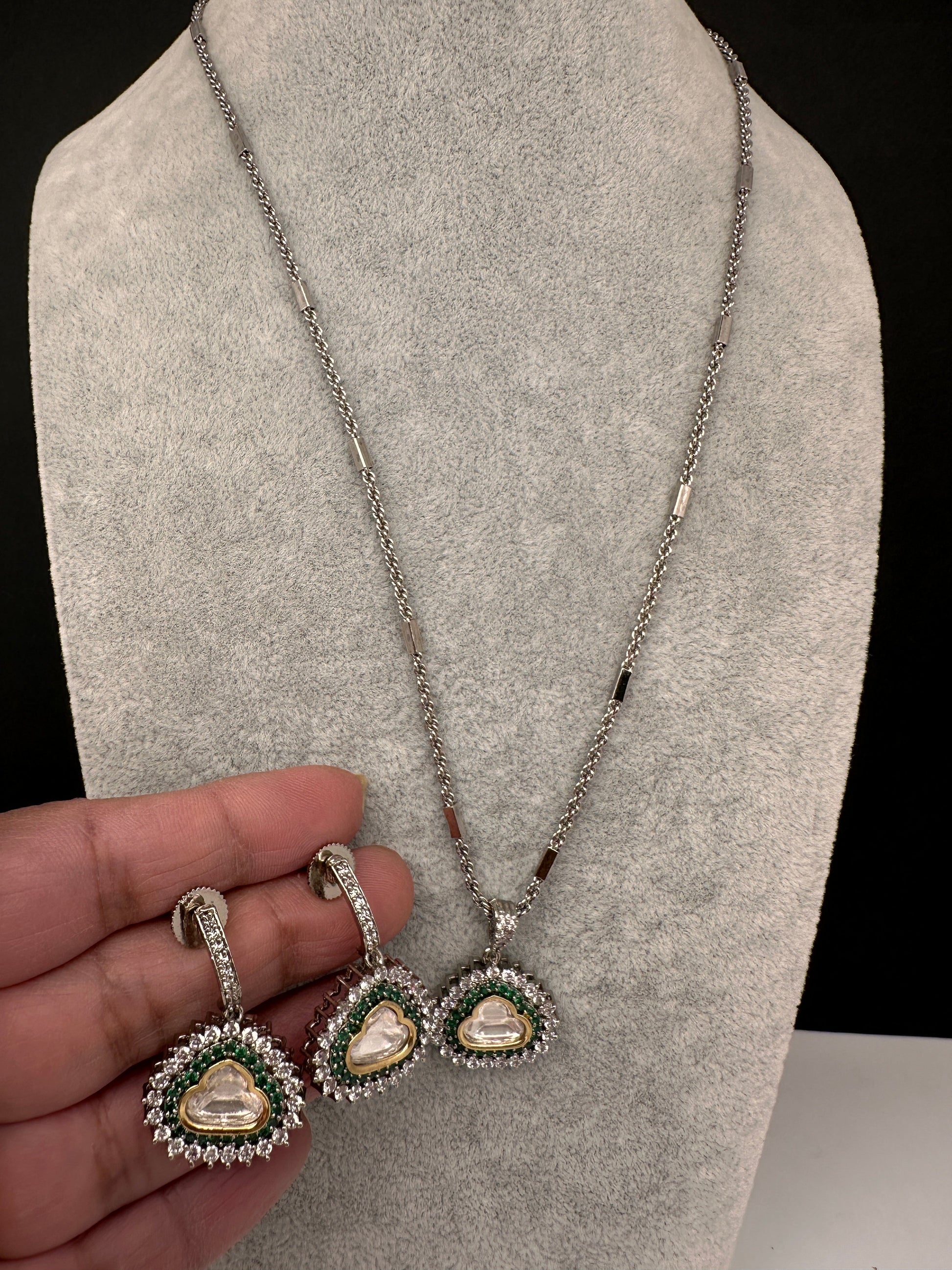 Moissanite AD Pendent Set Dainty Chain Necklace - Green