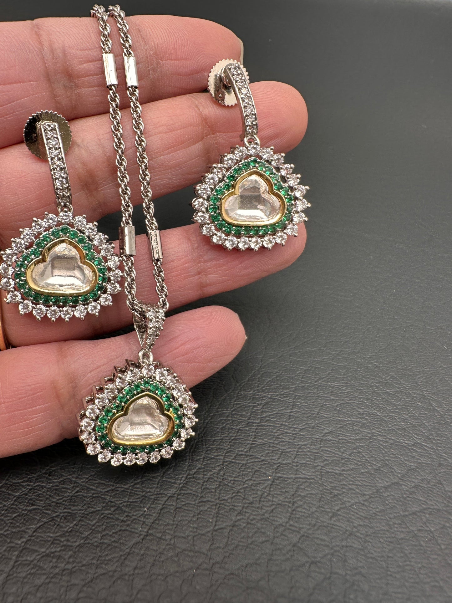 Moissanite AD Pendent Set Dainty Chain Necklace - Green
