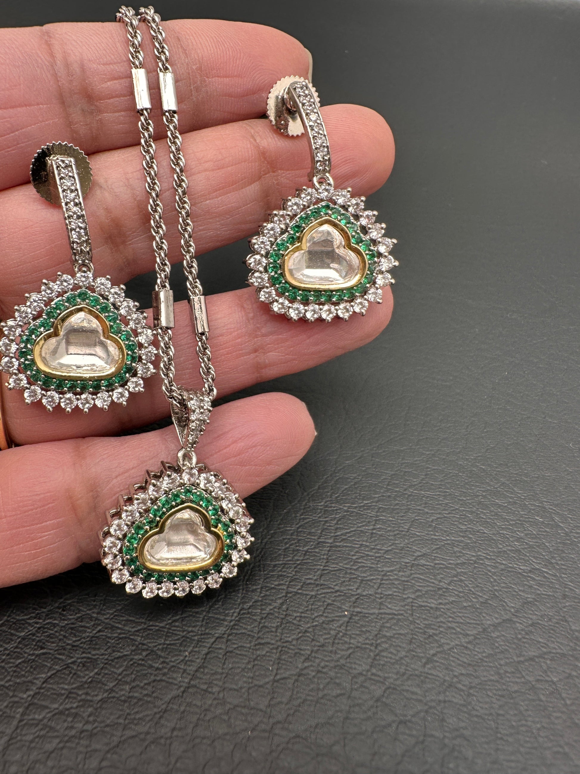 Moissanite AD Pendent Set Dainty Chain Necklace - Green