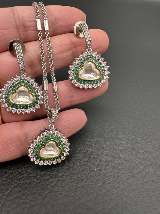 Moissanite AD Pendent Set Dainty Chain Necklace - Green