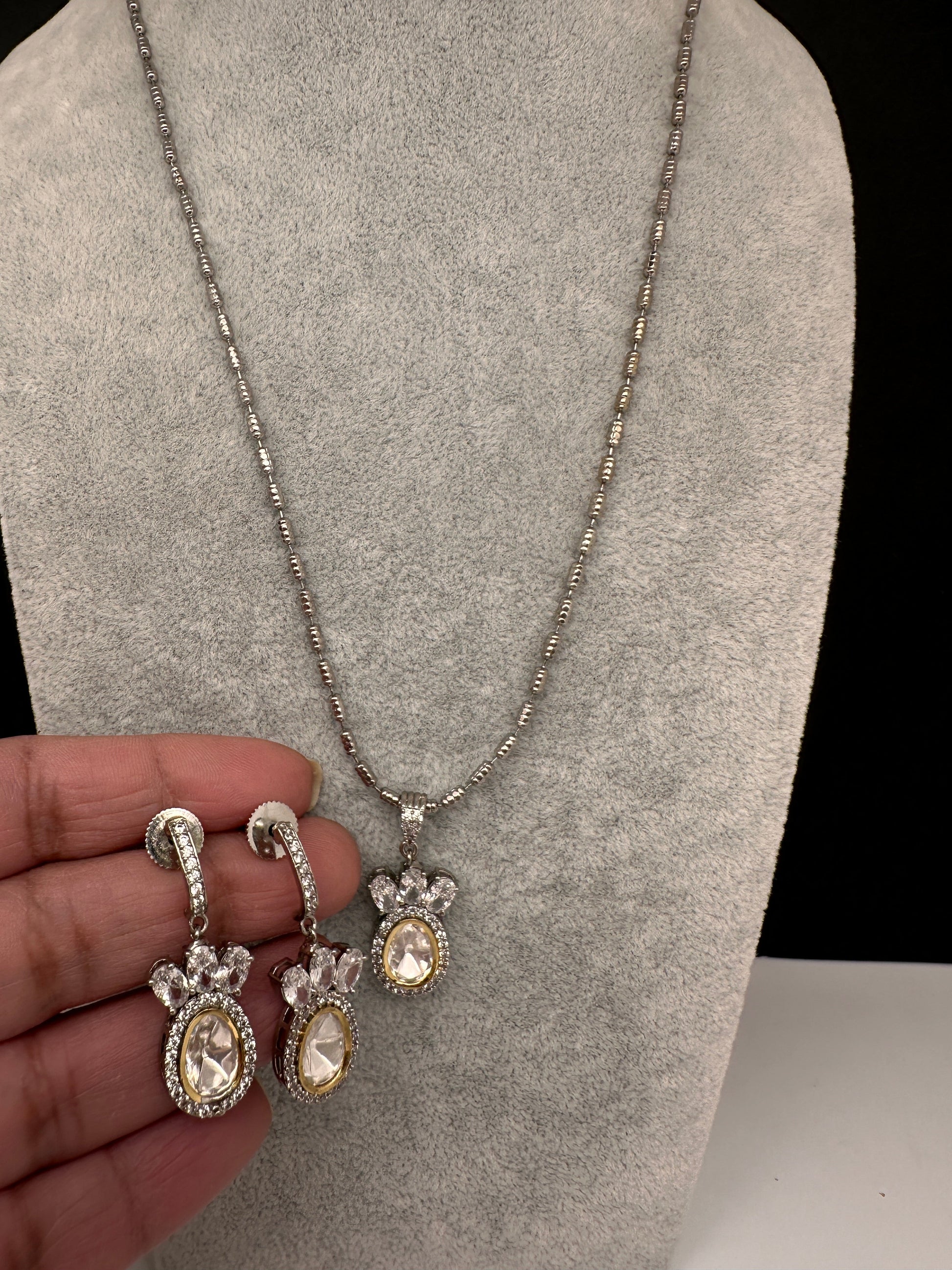 Moissanite AD Pendent Set Dainty Silver Chain Necklace - Clear