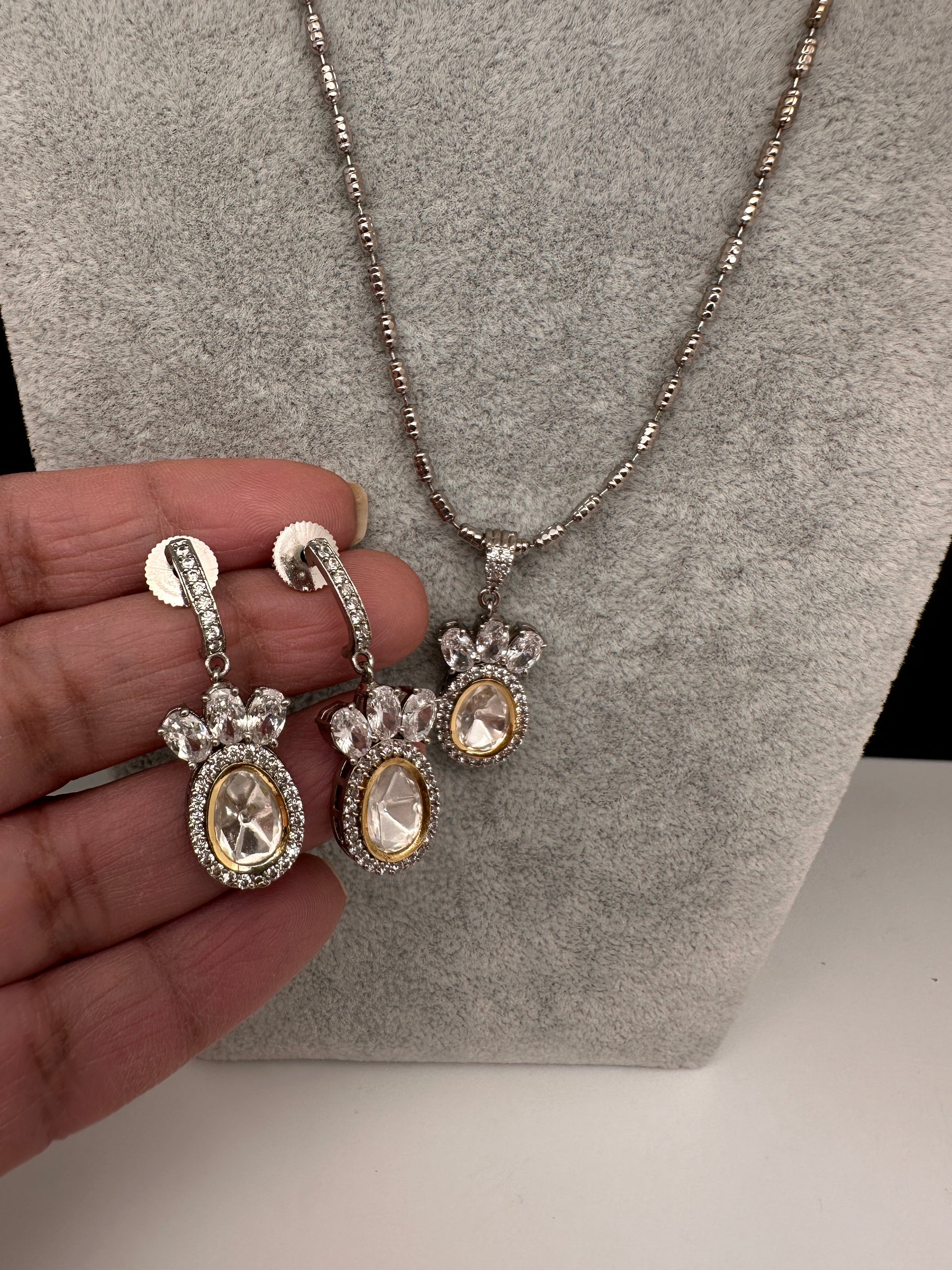 Moissanite AD Pendent Set Dainty Silver Chain Necklace - Clear
