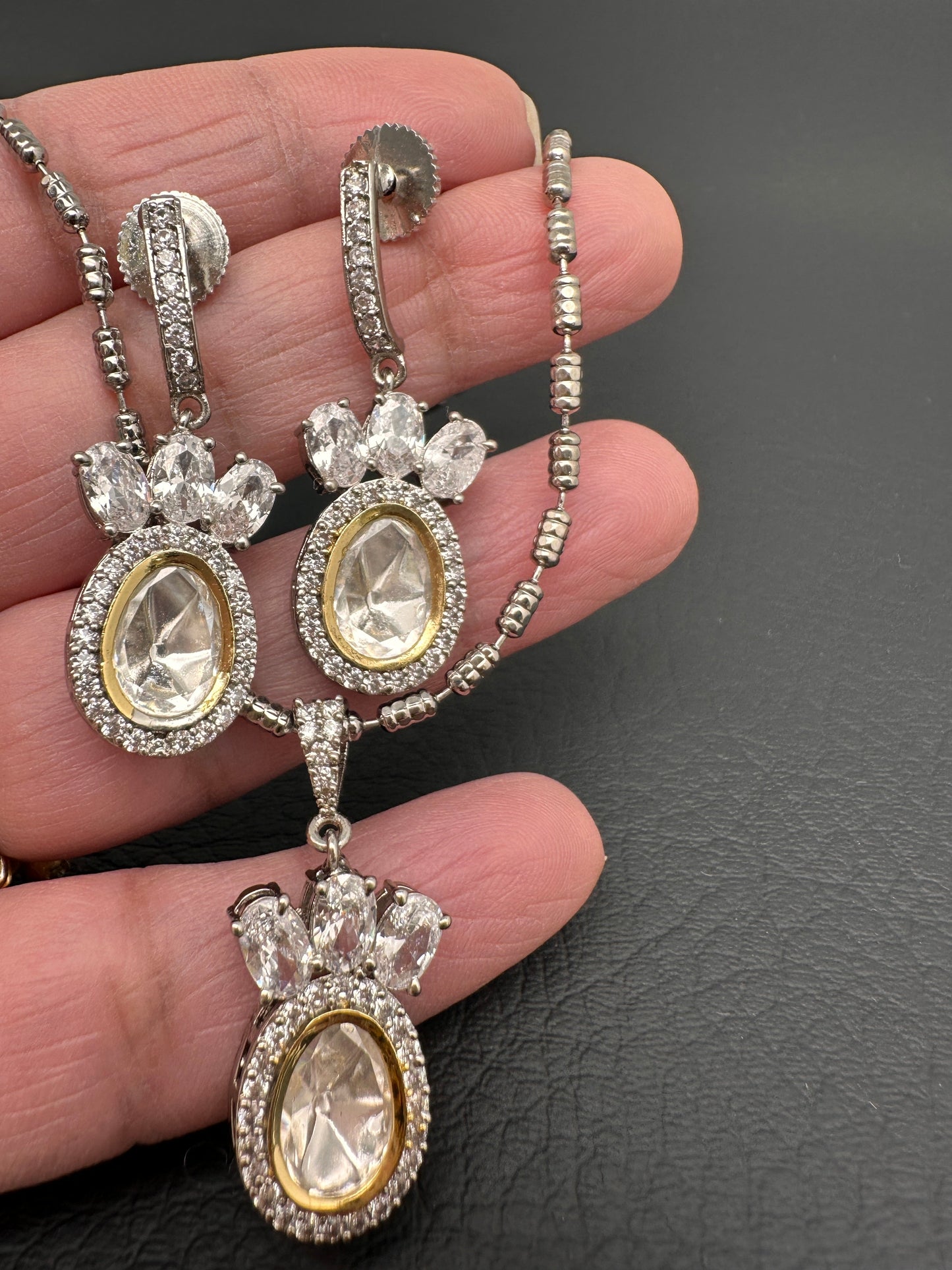 Moissanite AD Pendent Set Dainty Silver Chain Necklace - Clear