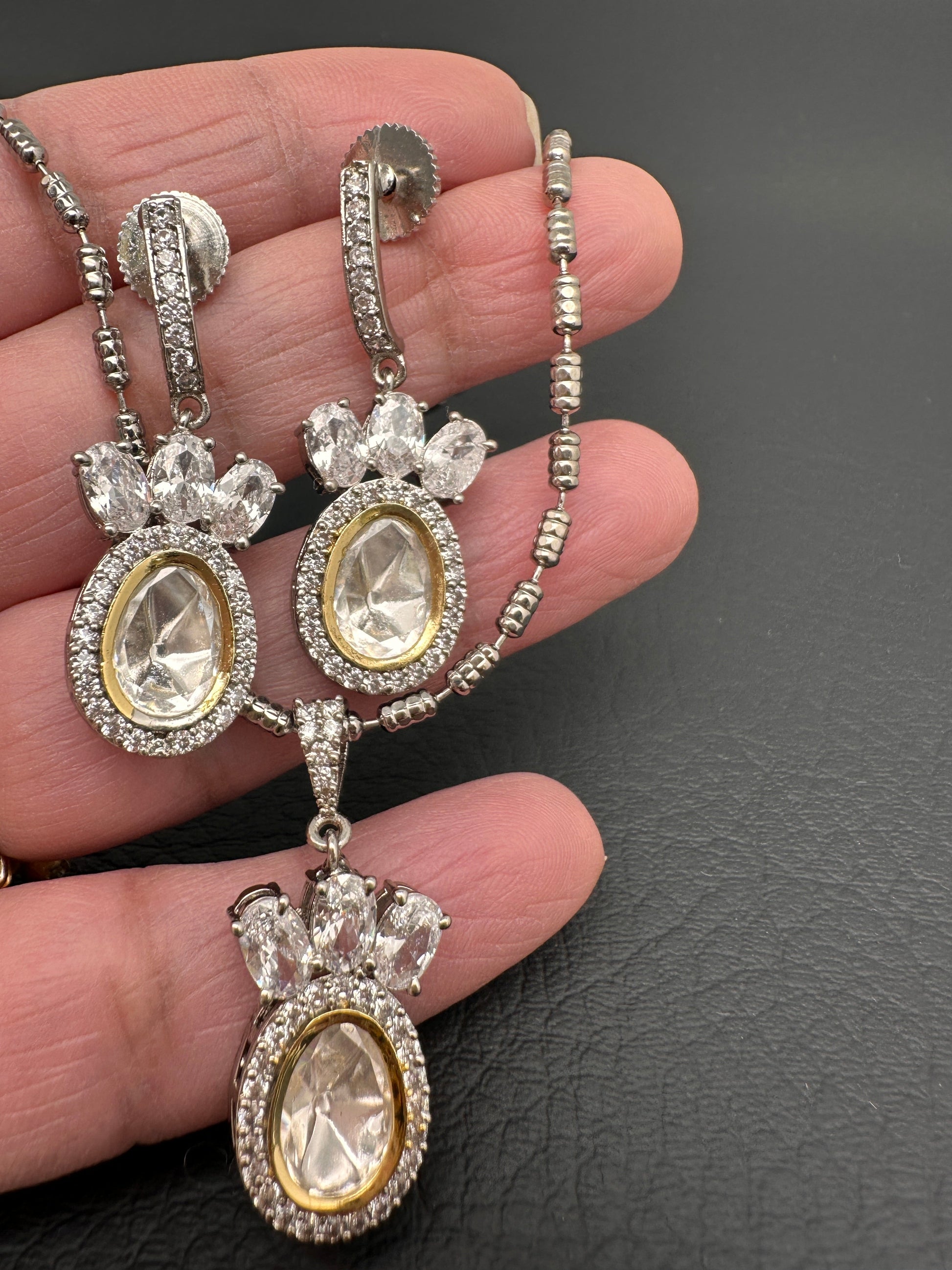 Moissanite AD Pendent Set Dainty Silver Chain Necklace - Clear