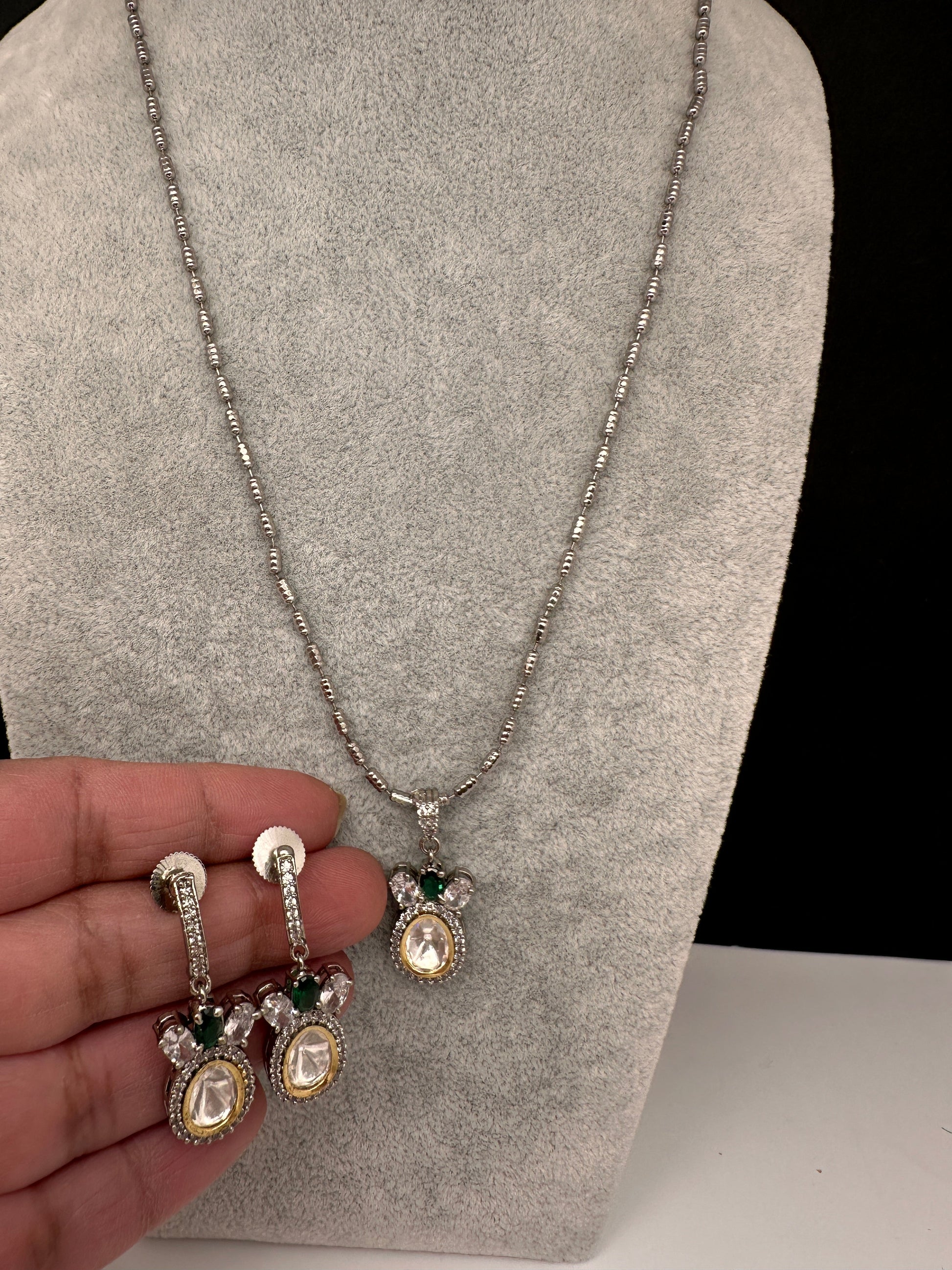 Moissanite AD Pendent Set Dainty Silver Chain Necklace - Green