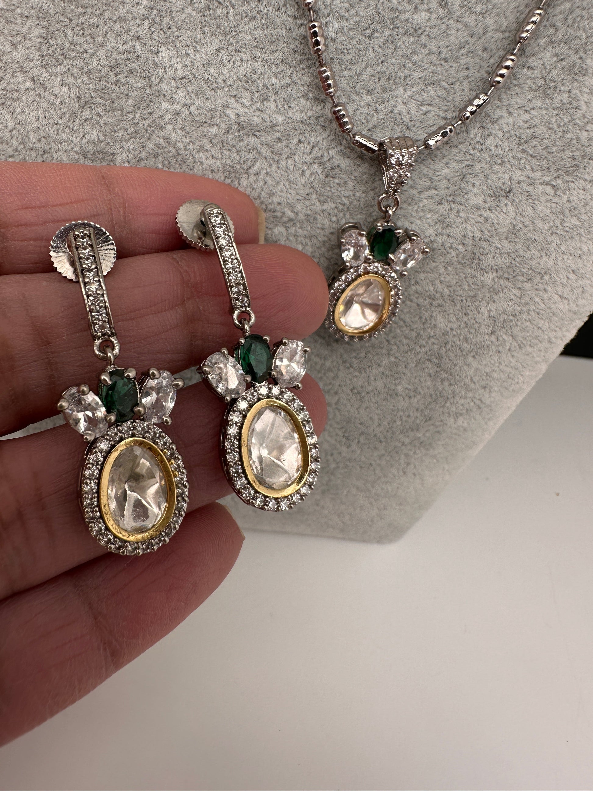 Moissanite AD Pendent Set Dainty Silver Chain Necklace - Green