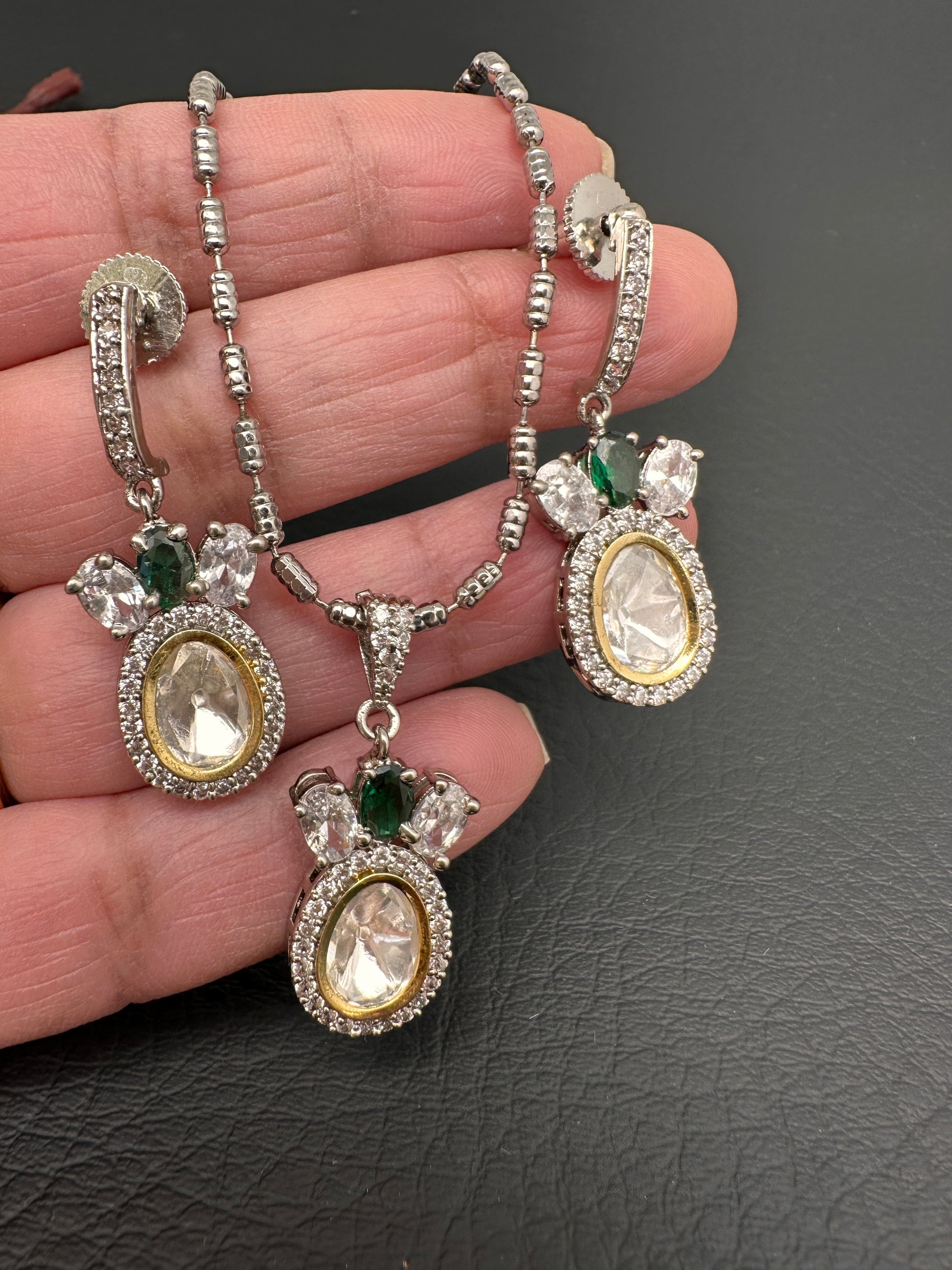 Moissanite AD Pendent Set Dainty Silver Chain Necklace - Green