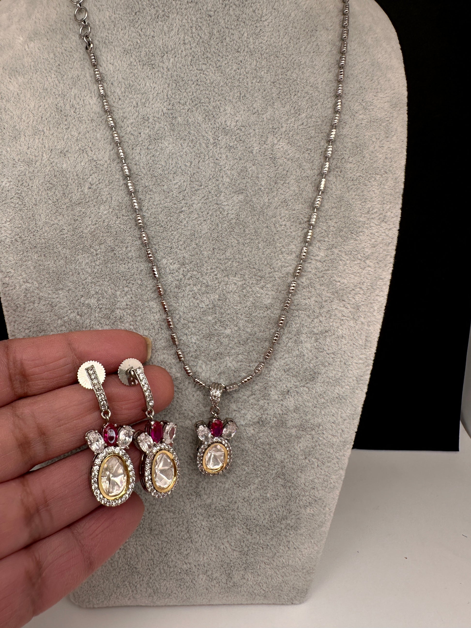 Moissanite AD Pendent Set Dainty Silver Chain Necklace - Red
