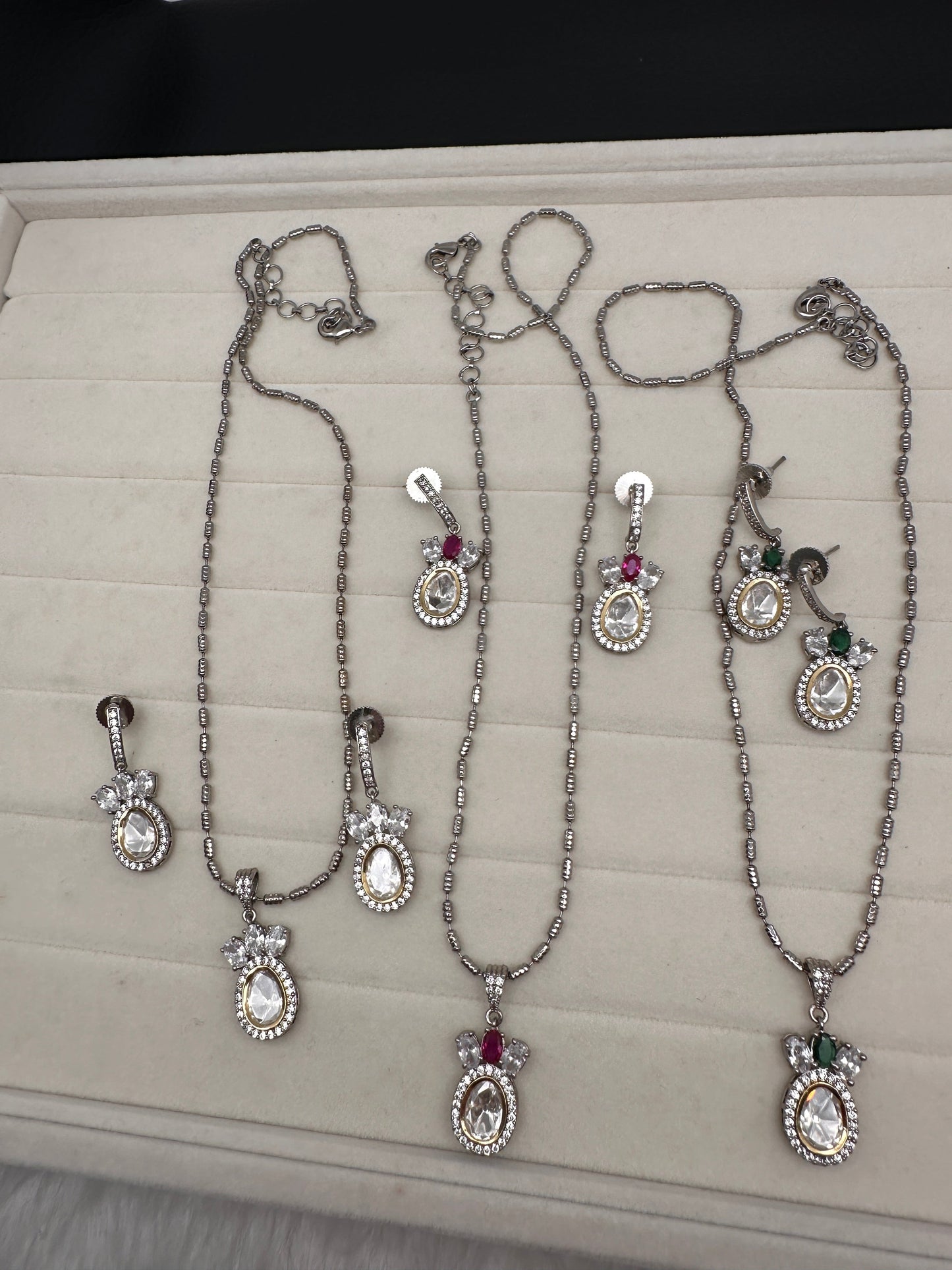 Moissanite AD Pendent Set Dainty Silver Chain Necklace - Red