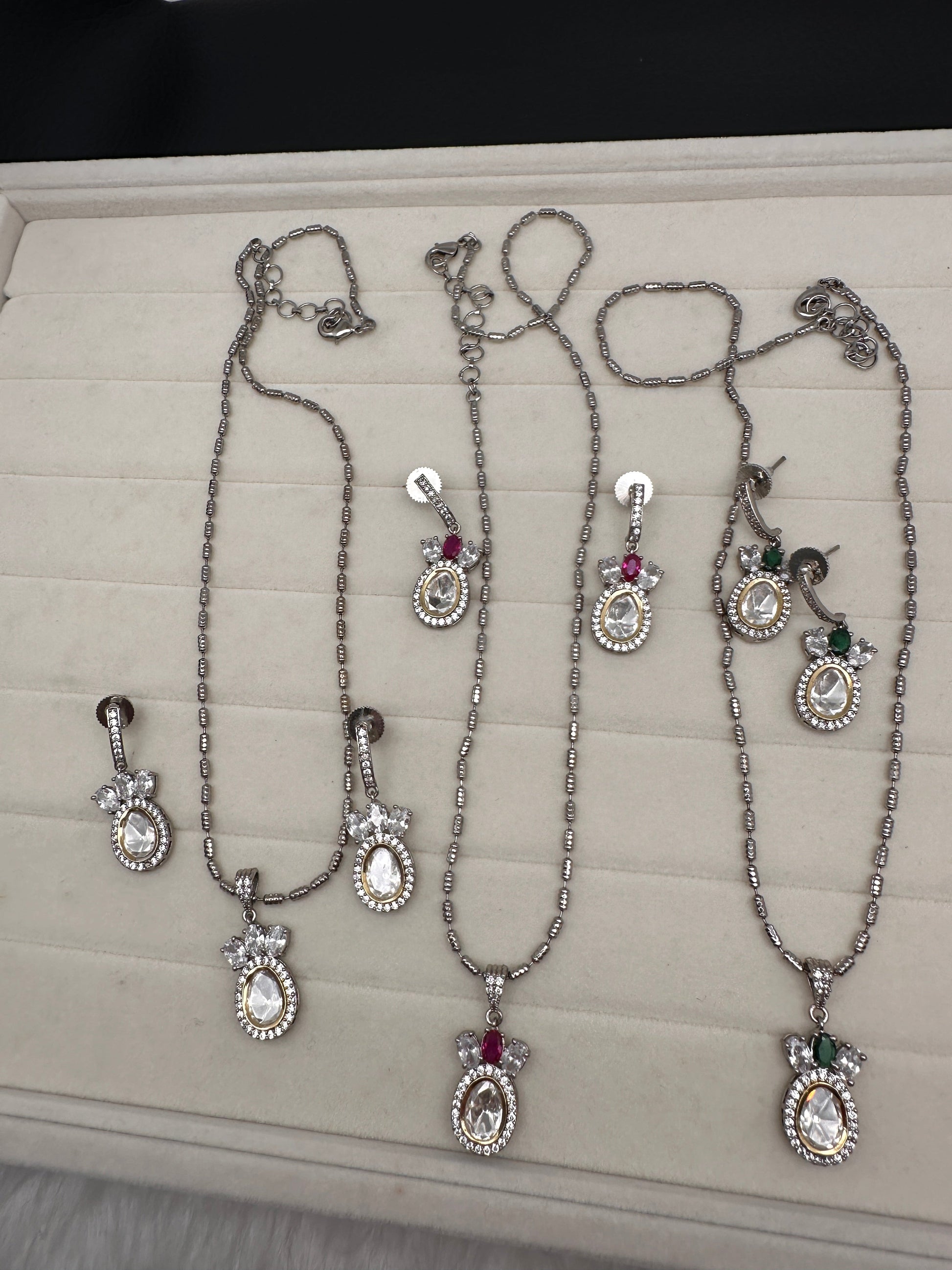 Moissanite AD Pendent Set Dainty Silver Chain Necklace - Red
