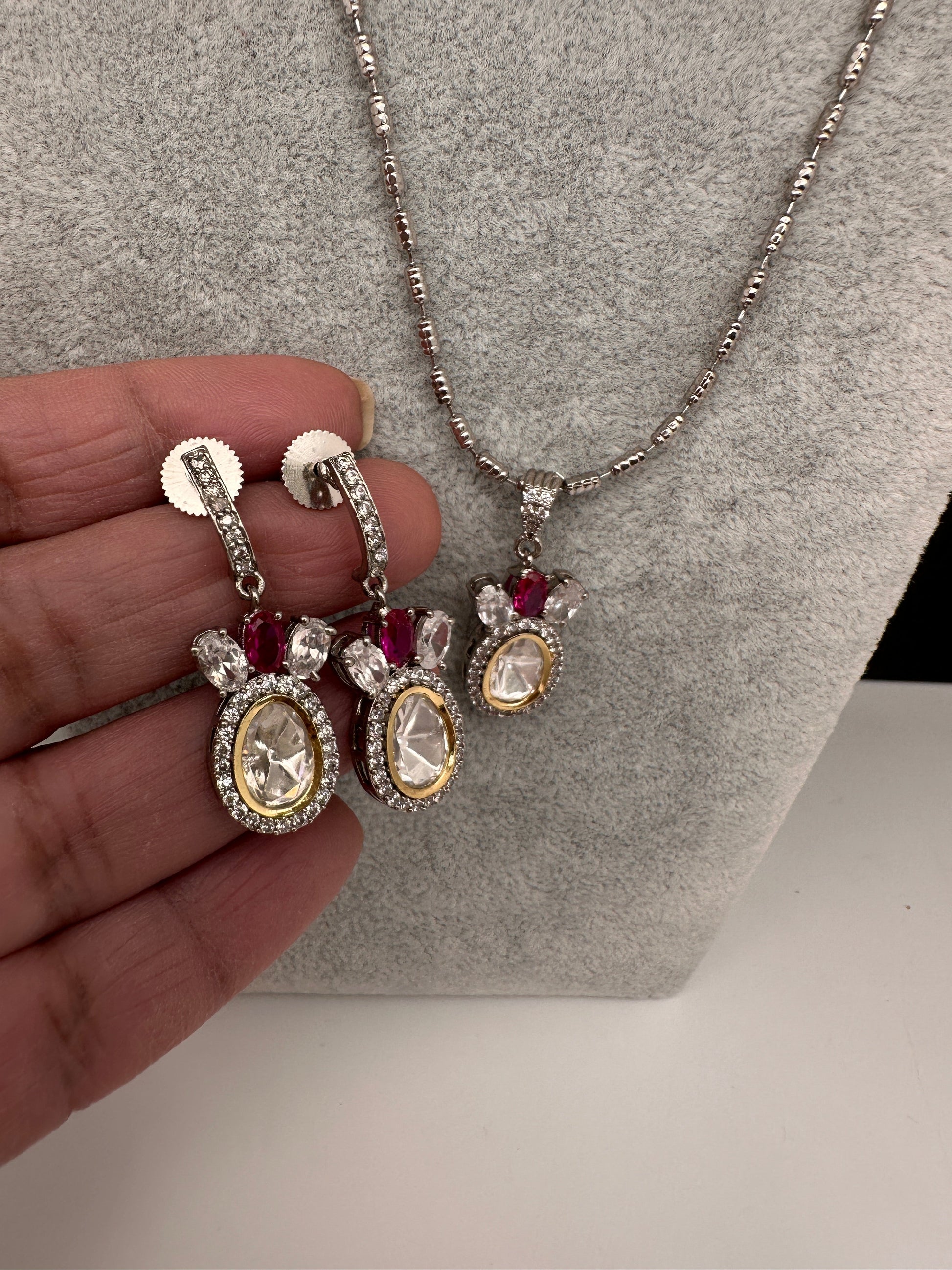 Moissanite AD Pendent Set Dainty Silver Chain Necklace - Red