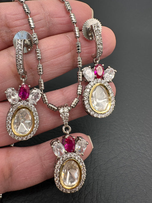 Moissanite AD Pendent Set Dainty Silver Chain Necklace - Red
