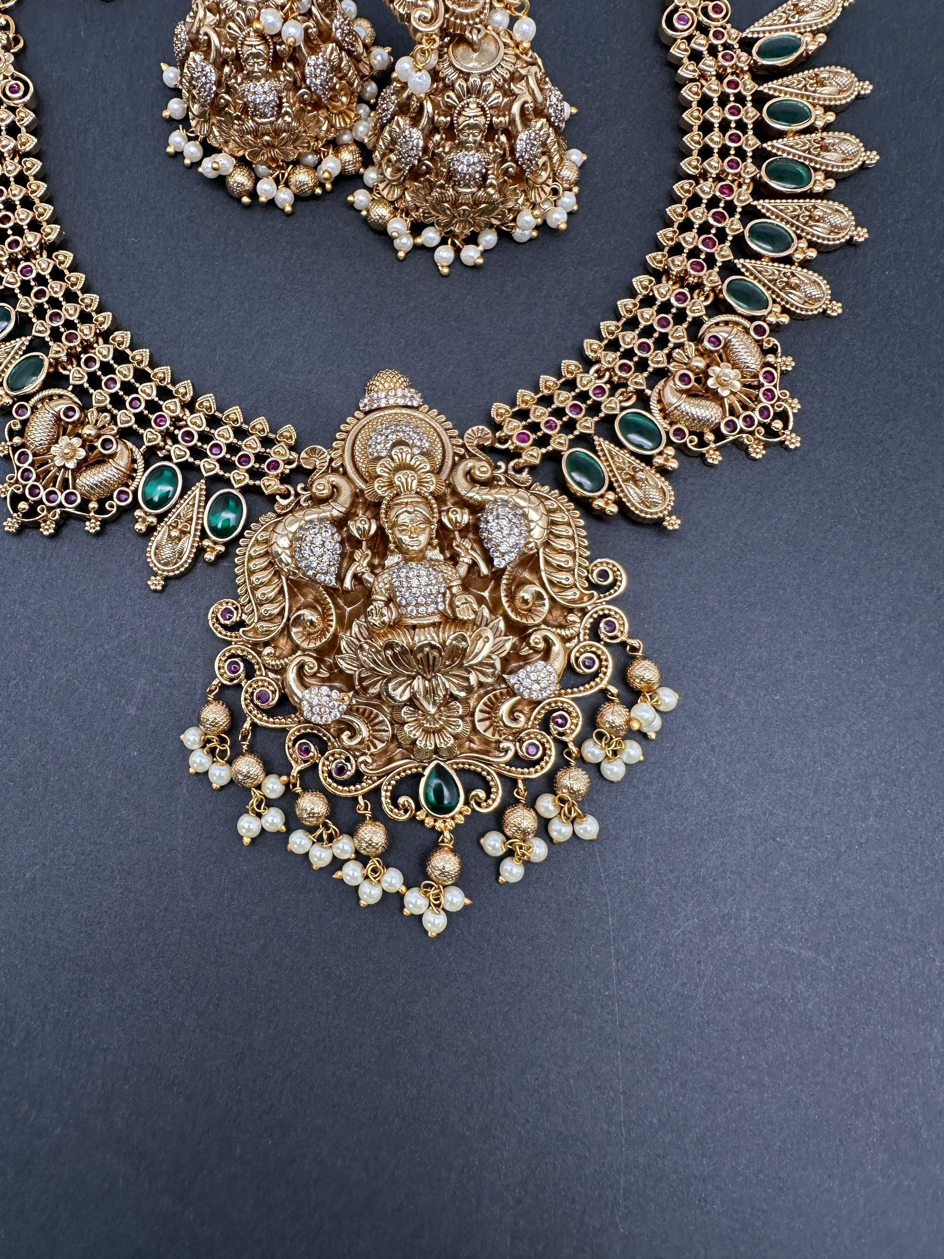 Matte Nakshi Goddess Lakshmi Short Necklace Jhumka - Green