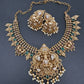 Matte Nakshi Goddess Lakshmi Short Necklace Jhumka - Green