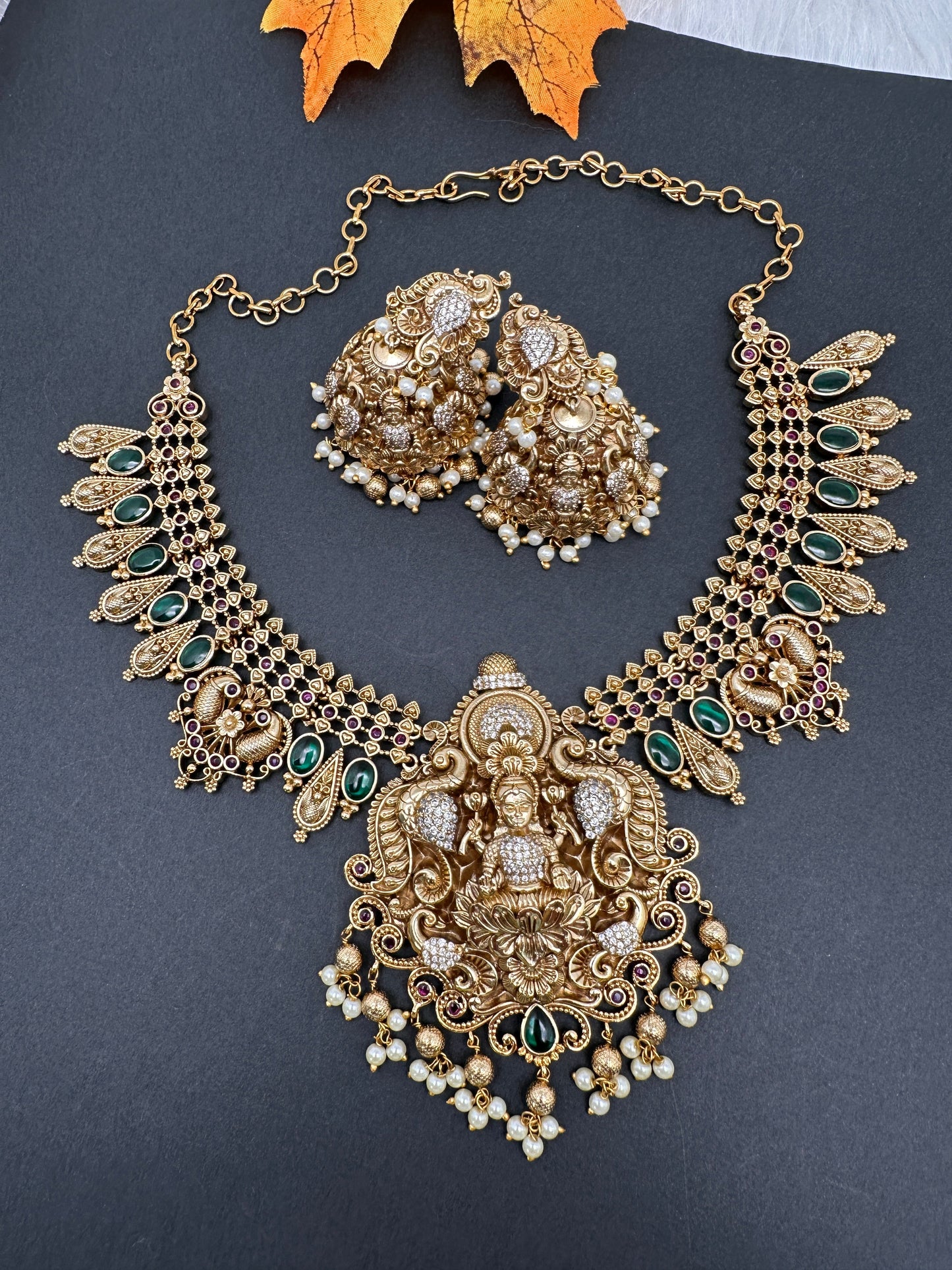 Matte Nakshi Goddess Lakshmi Short Necklace Jhumka - Green