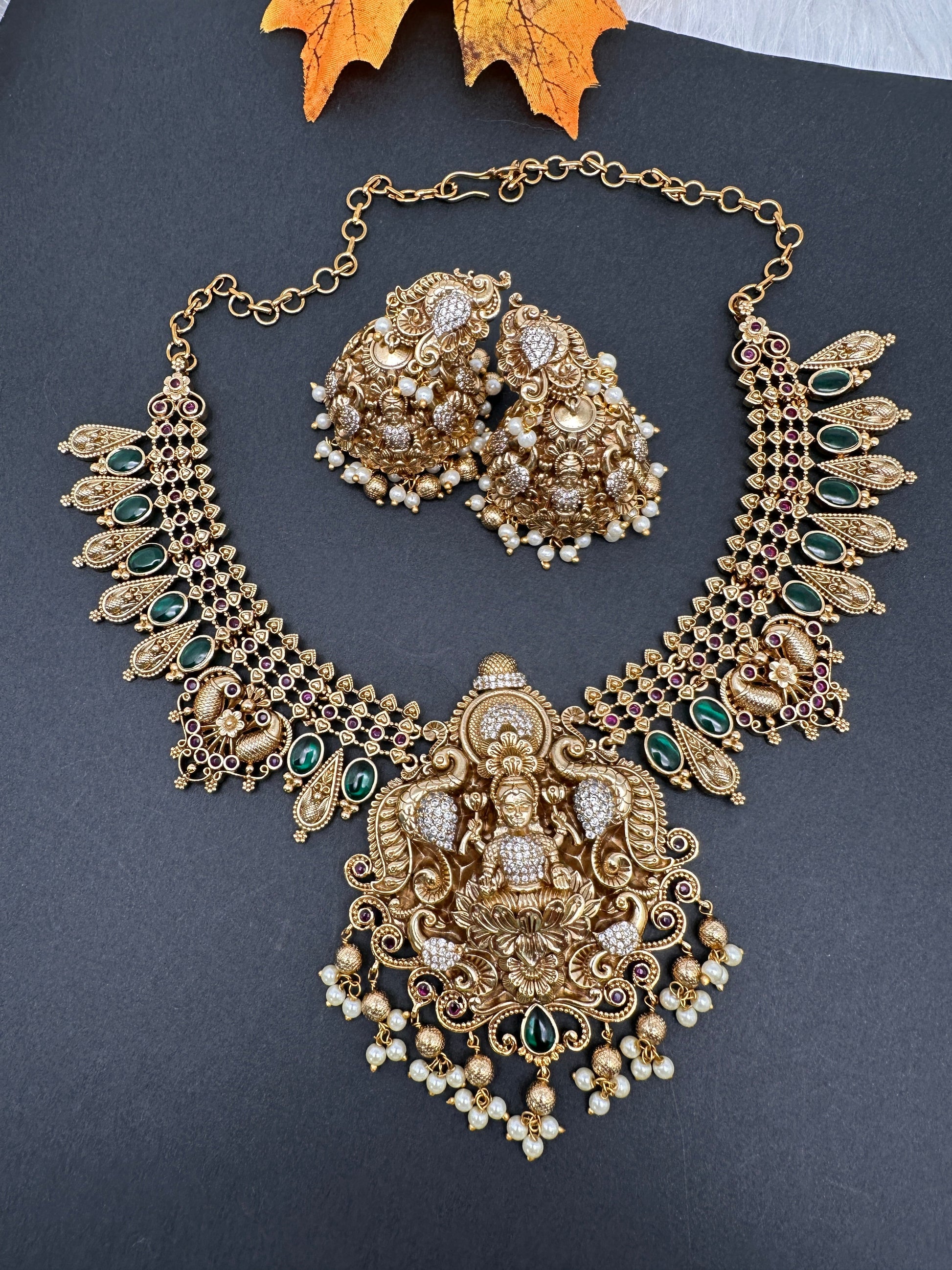 Matte Nakshi Goddess Lakshmi Short Necklace Jhumka - Green