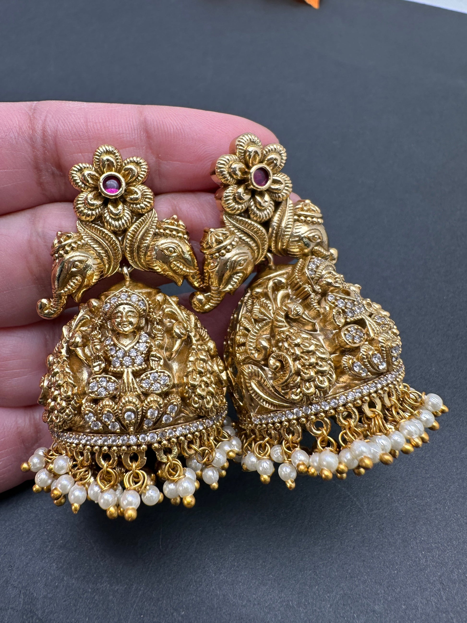 Matte Nakshi Goddess Lakshmi Short Necklace Jhumka - Red