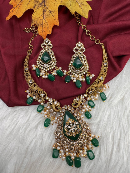 Matte CZ Color Stone Kanthi Short Necklace - Green