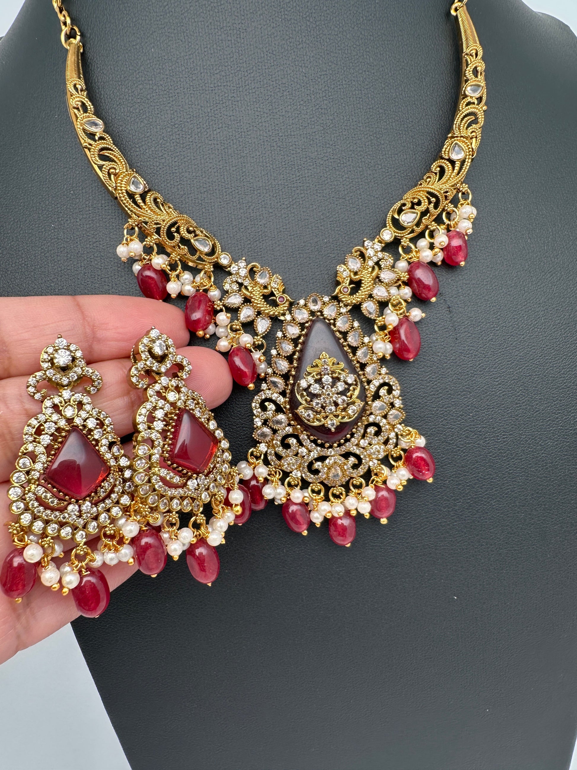 Matte CZ Color Stone Kanthi Short Necklace - Red