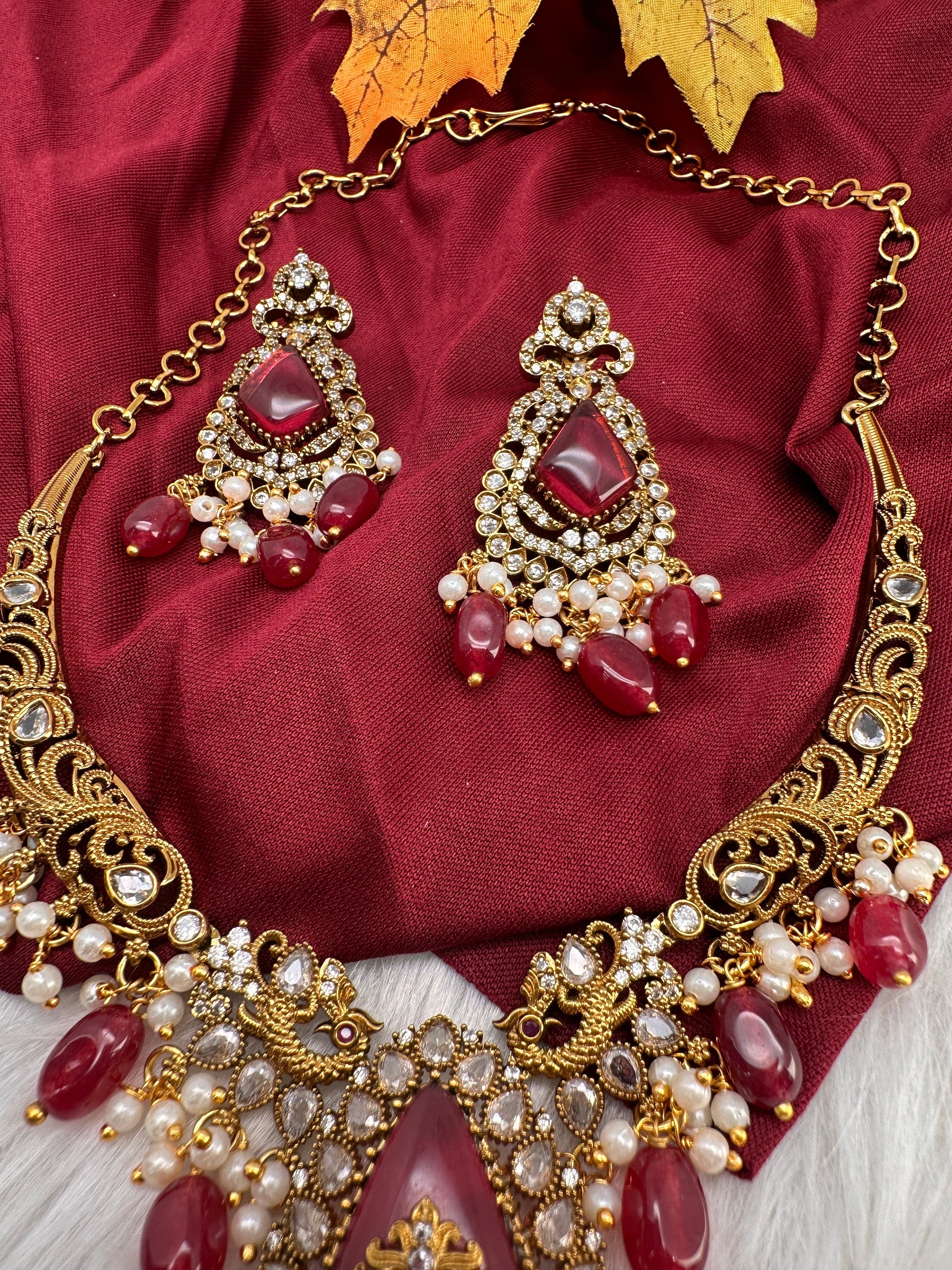 Matte CZ Color Stone Kanthi Short Necklace - Red
