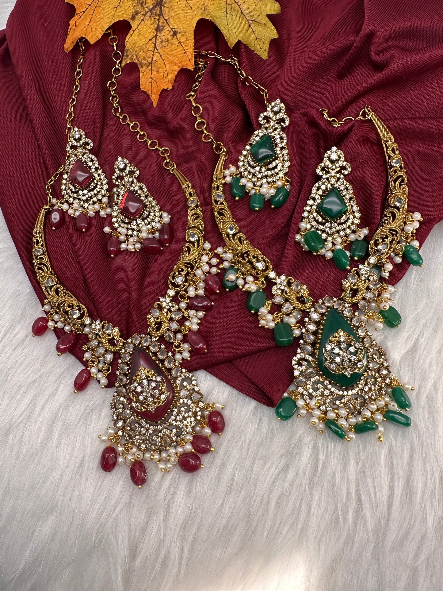 Matte CZ Color Stone Kanthi Short Necklace - Red