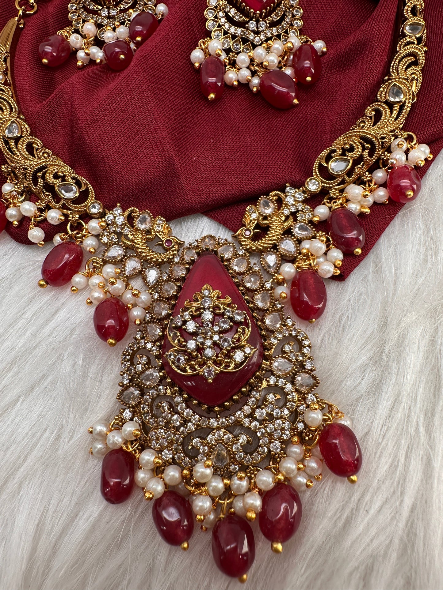 Matte CZ Color Stone Kanthi Short Necklace - Red