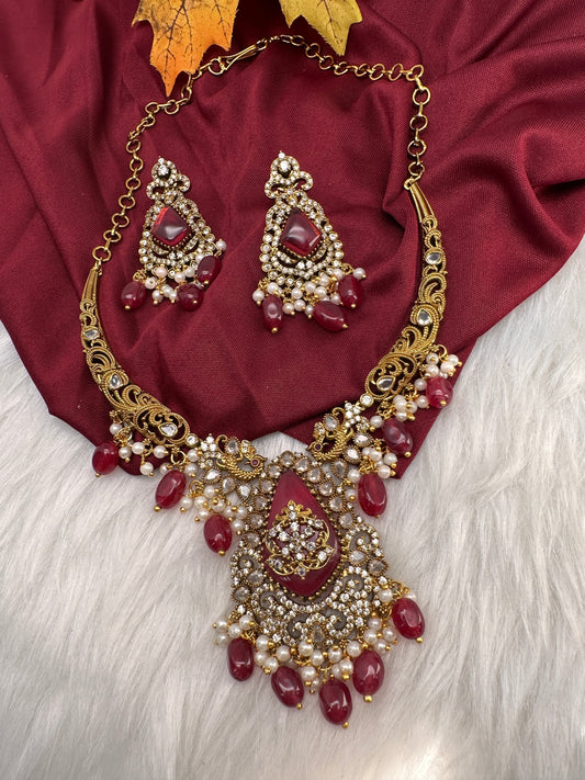 Matte CZ Color Stone Kanthi Short Necklace - Red