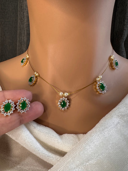 Invisible Dainty CZ Color Stone Short Necklace - Green