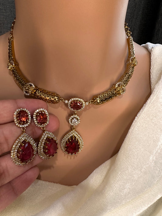 Kanthi CZ Color Stone Short Necklace - Red