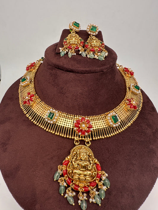 Coral Emerald Goddess Lakshmi Short Necklace