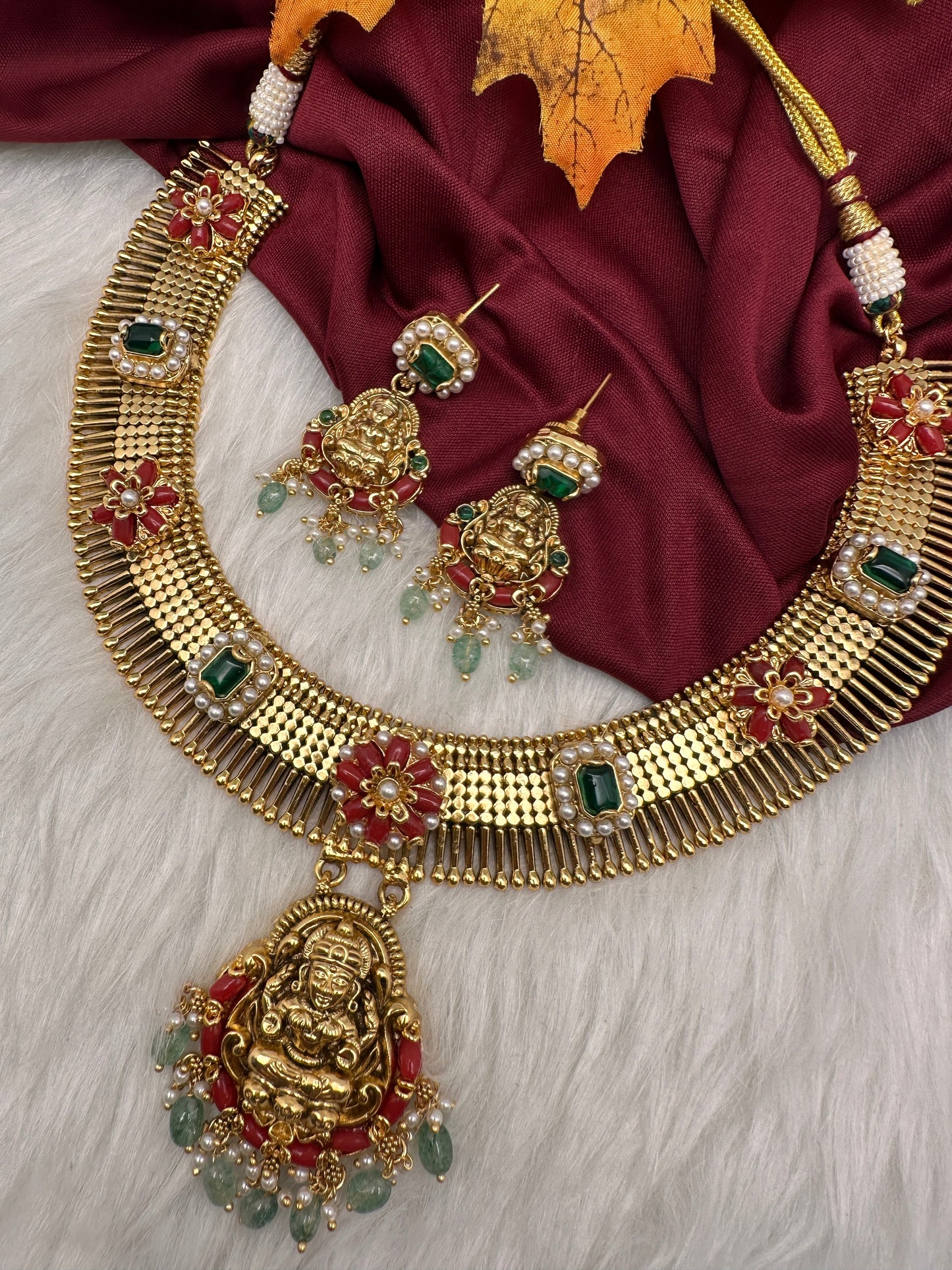 Coral Emerald Goddess Lakshmi Short Necklace
