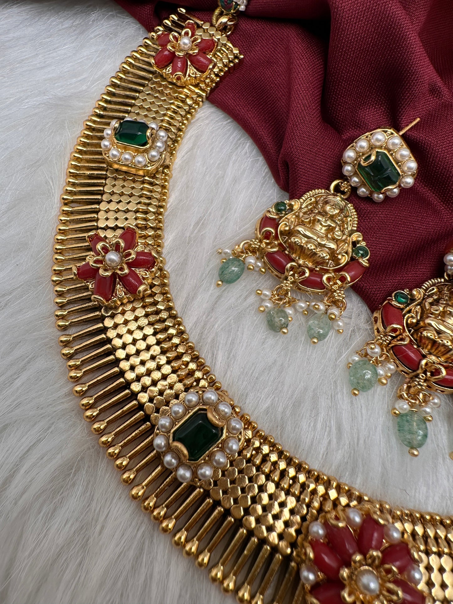 Coral Emerald Goddess Lakshmi Short Necklace