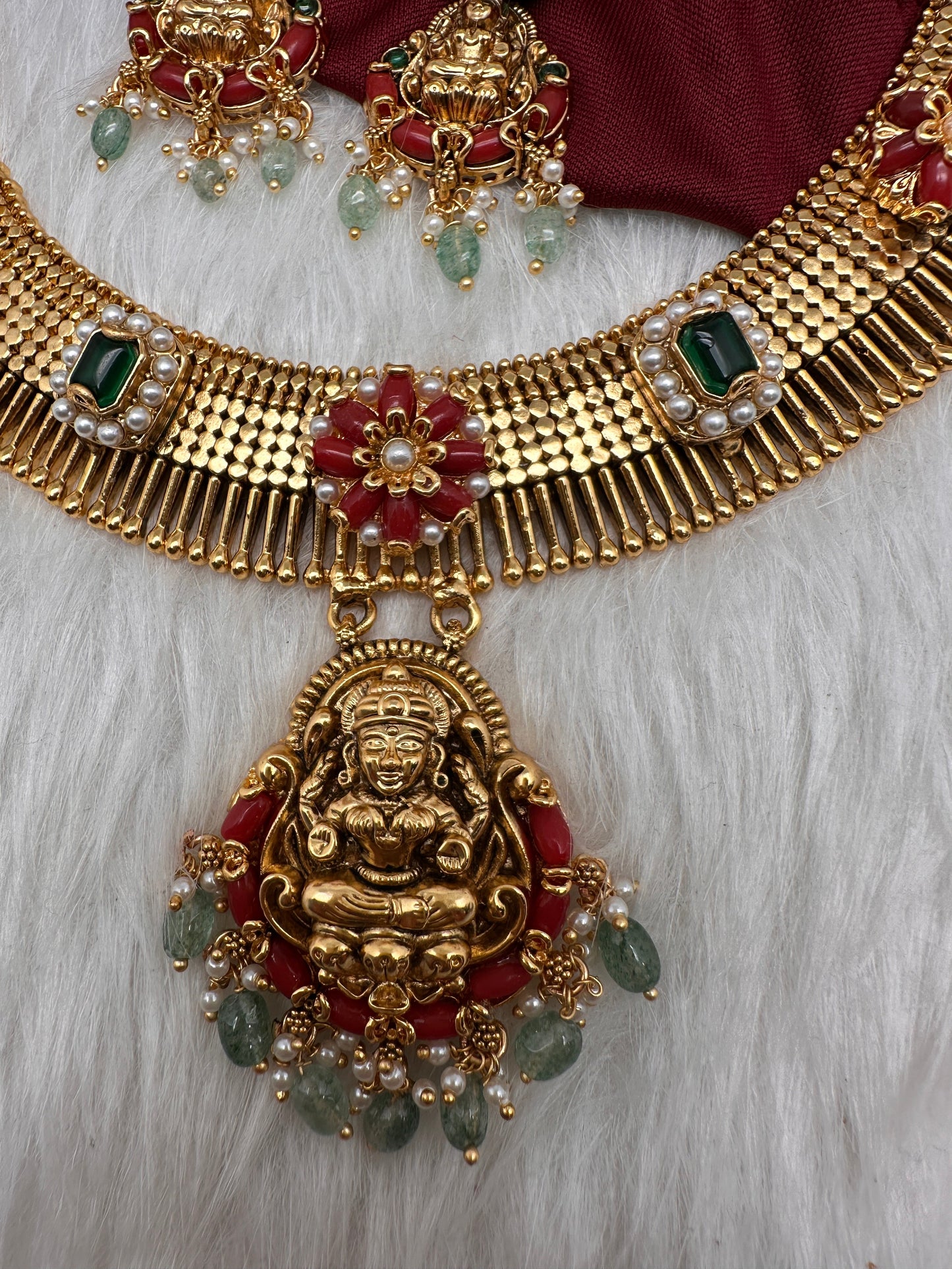 Coral Emerald Goddess Lakshmi Short Necklace