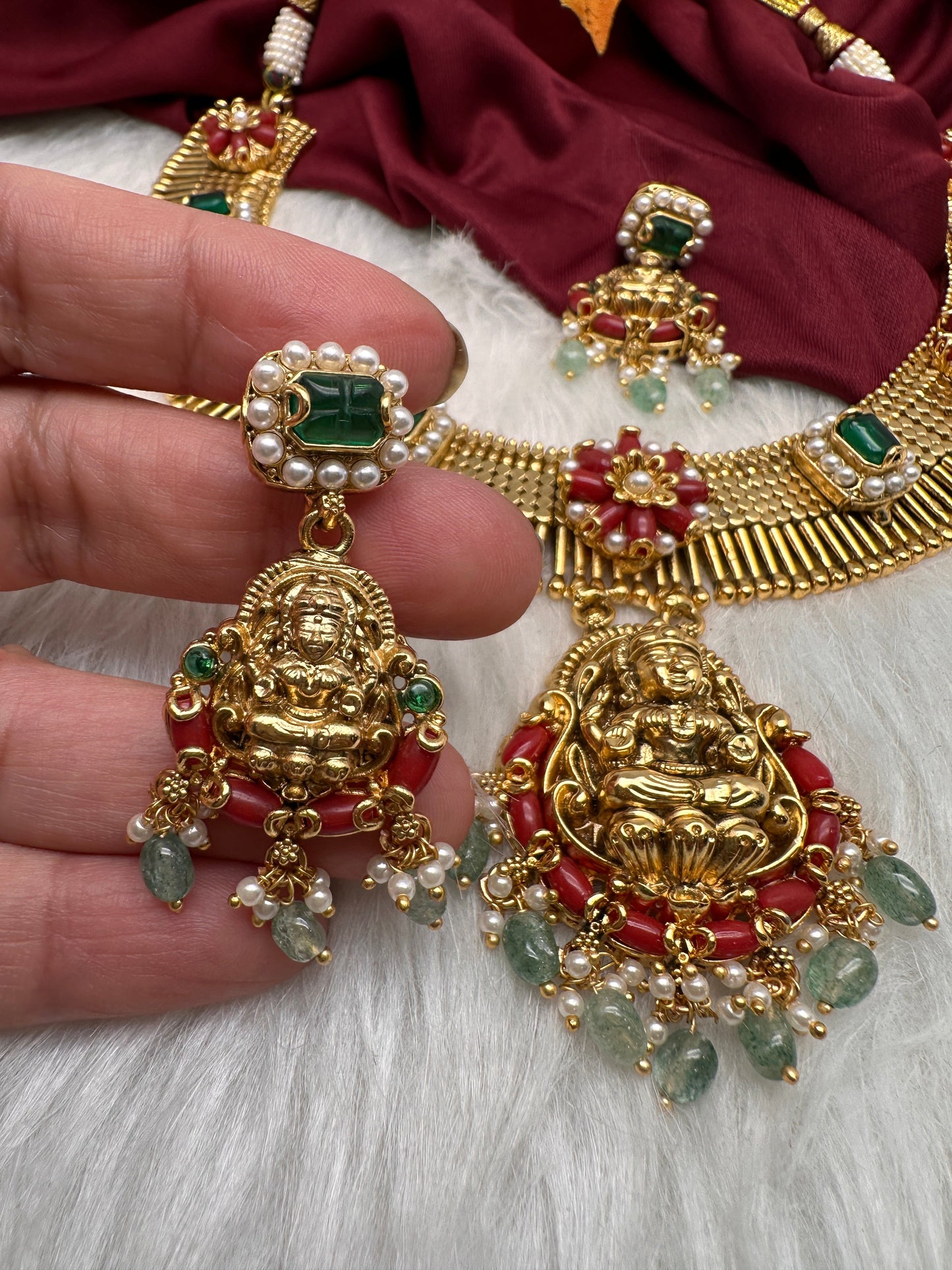 Coral Emerald Goddess Lakshmi Short Necklace