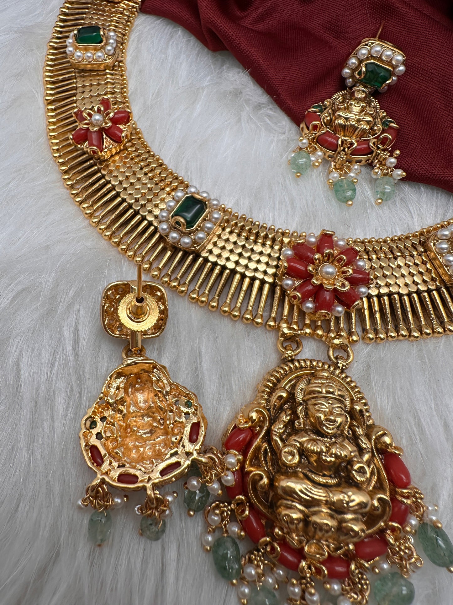 Coral Emerald Goddess Lakshmi Short Necklace