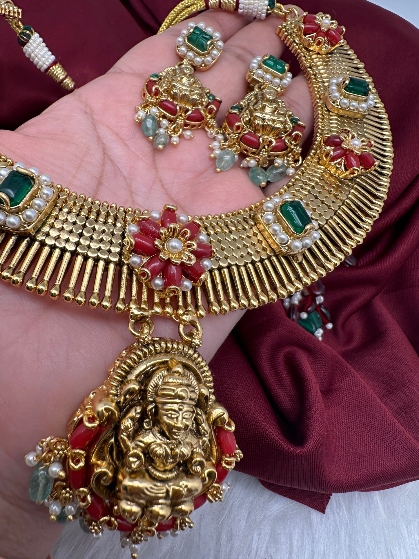 Coral Emerald Goddess Lakshmi Short Necklace