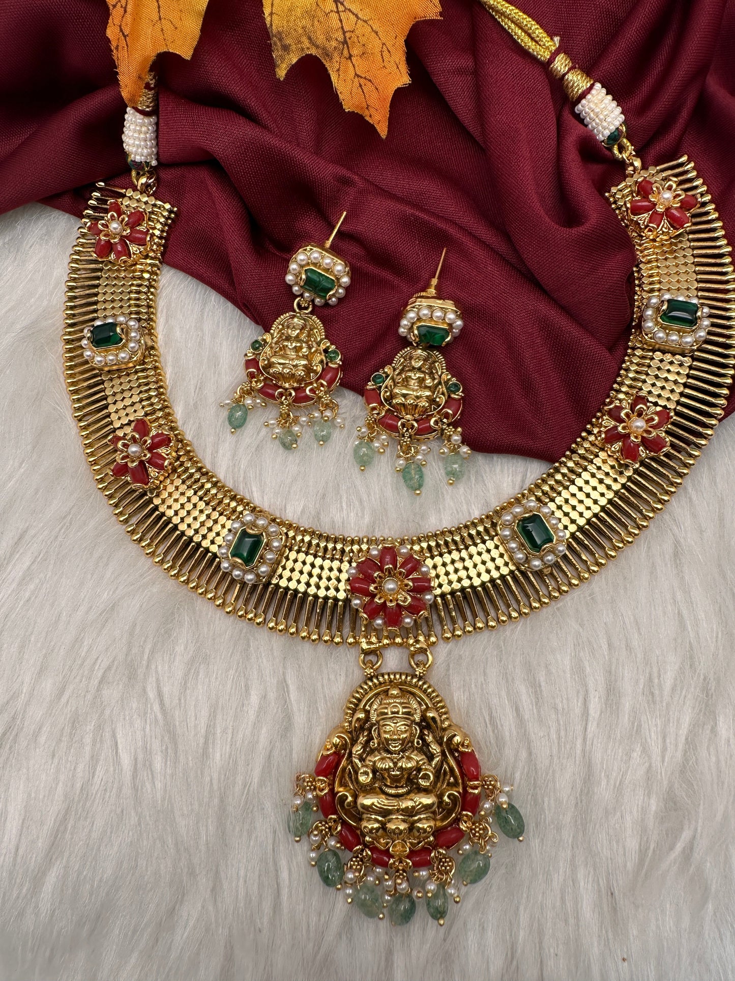 Coral Emerald Goddess Lakshmi Short Necklace