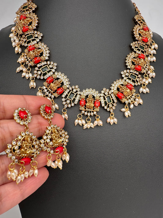 Goddess Lakshmi Rice Pearls Coral Emerald Short Guttapusalu Necklace
