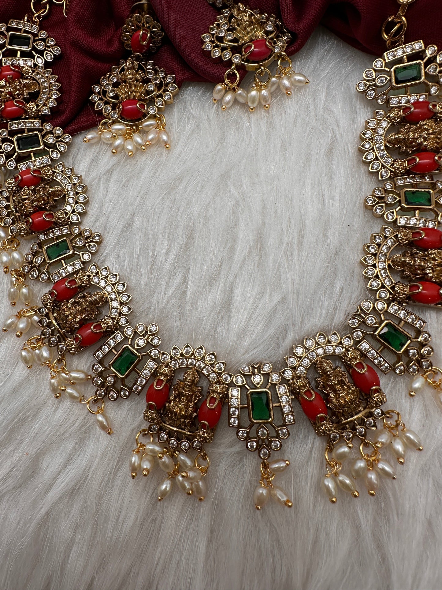 Goddess Lakshmi Rice Pearls Coral Emerald Short Guttapusalu Necklace
