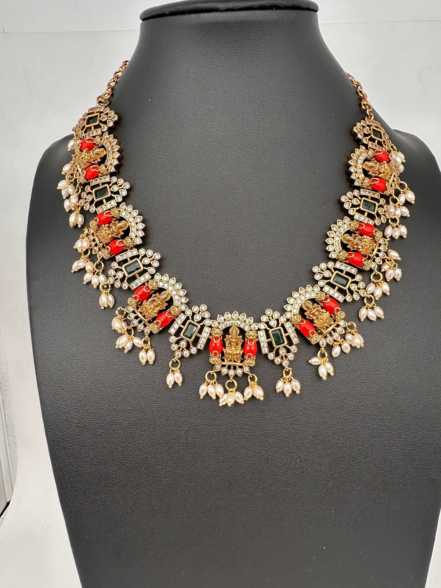 Goddess Lakshmi Rice Pearls Coral Emerald Short Guttapusalu Necklace