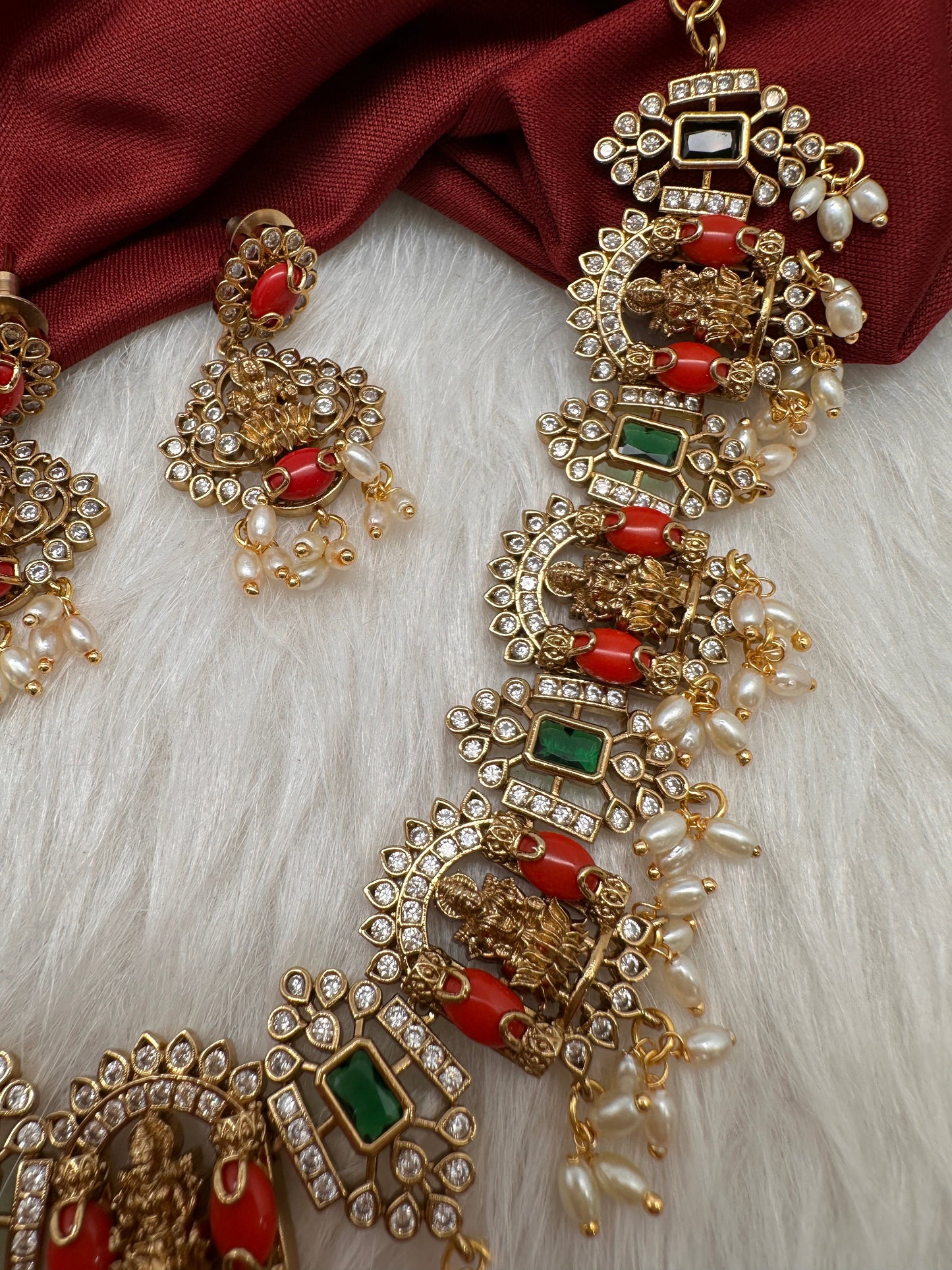 Goddess Lakshmi Rice Pearls Coral Emerald Short Guttapusalu Necklace