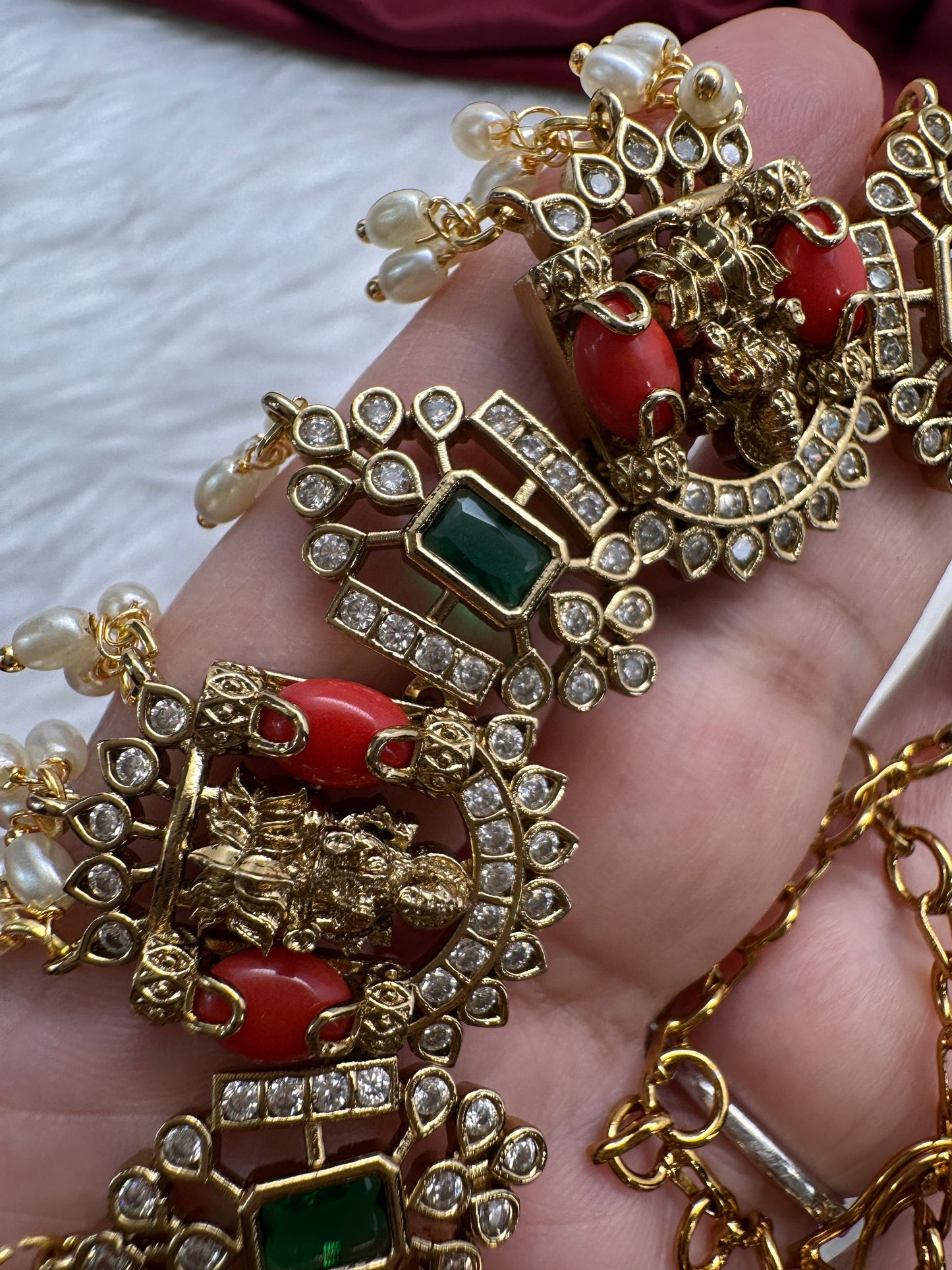 Goddess Lakshmi Rice Pearls Coral Emerald Short Guttapusalu Necklace