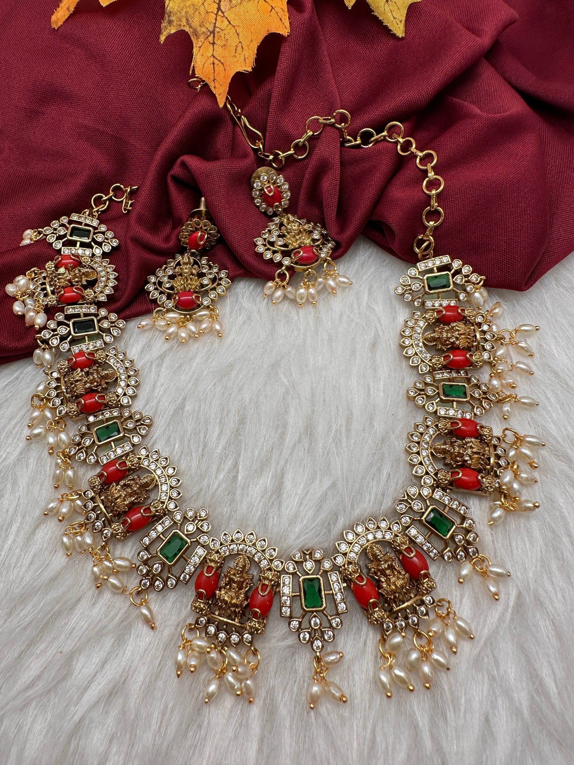 Goddess Lakshmi Rice Pearls Coral Emerald Short Guttapusalu Necklace