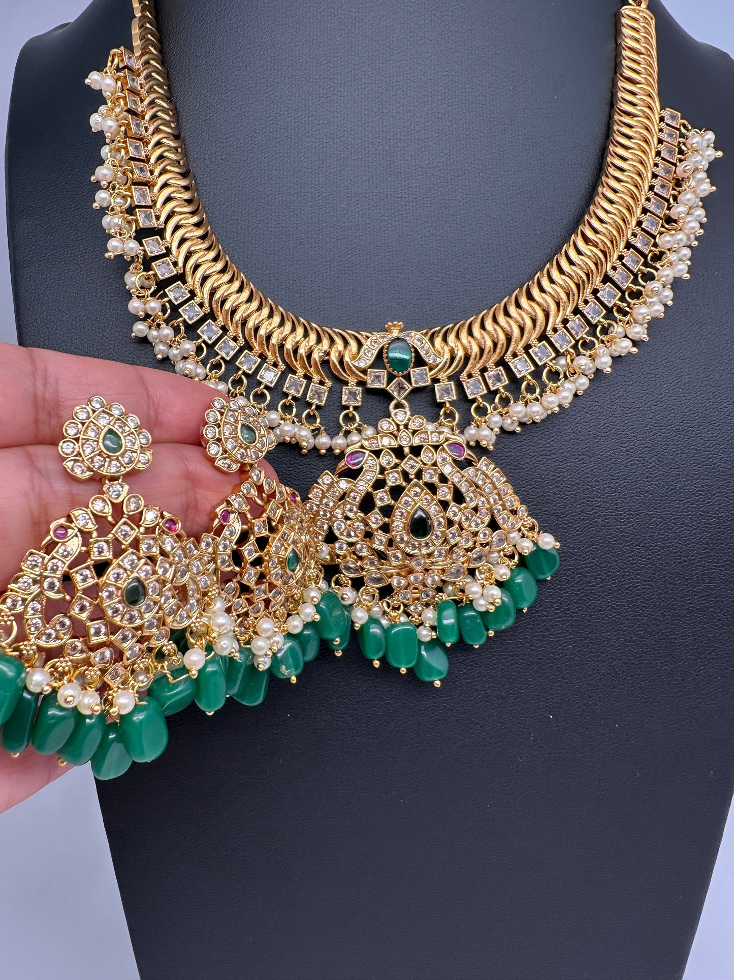 CZ Peacock Pattern Jalebi Green Short Necklace